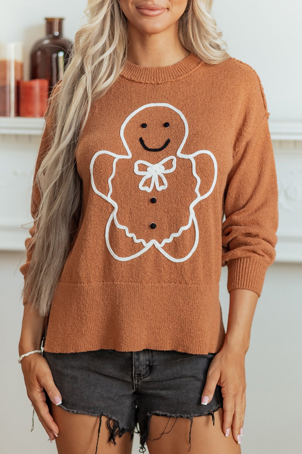 *Brown Oversized Drop Shoulder Round Neck Christmas Sweater