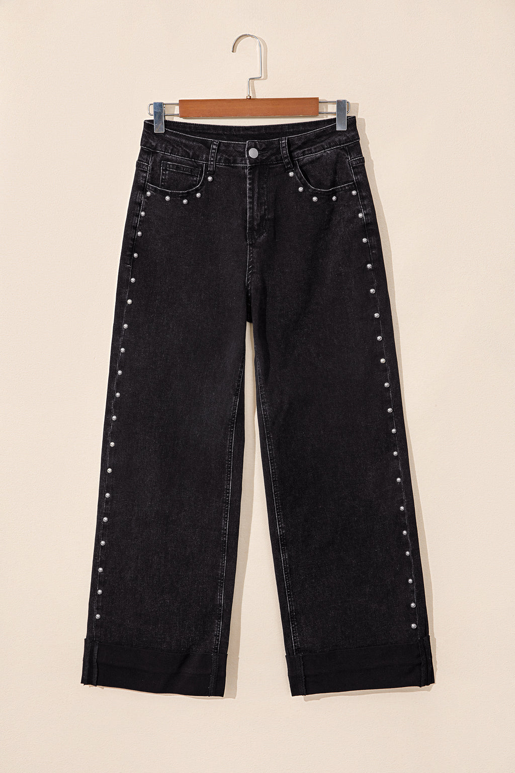 *Navy Blue Studded Detail Straight Leg Casual Loose Jeans