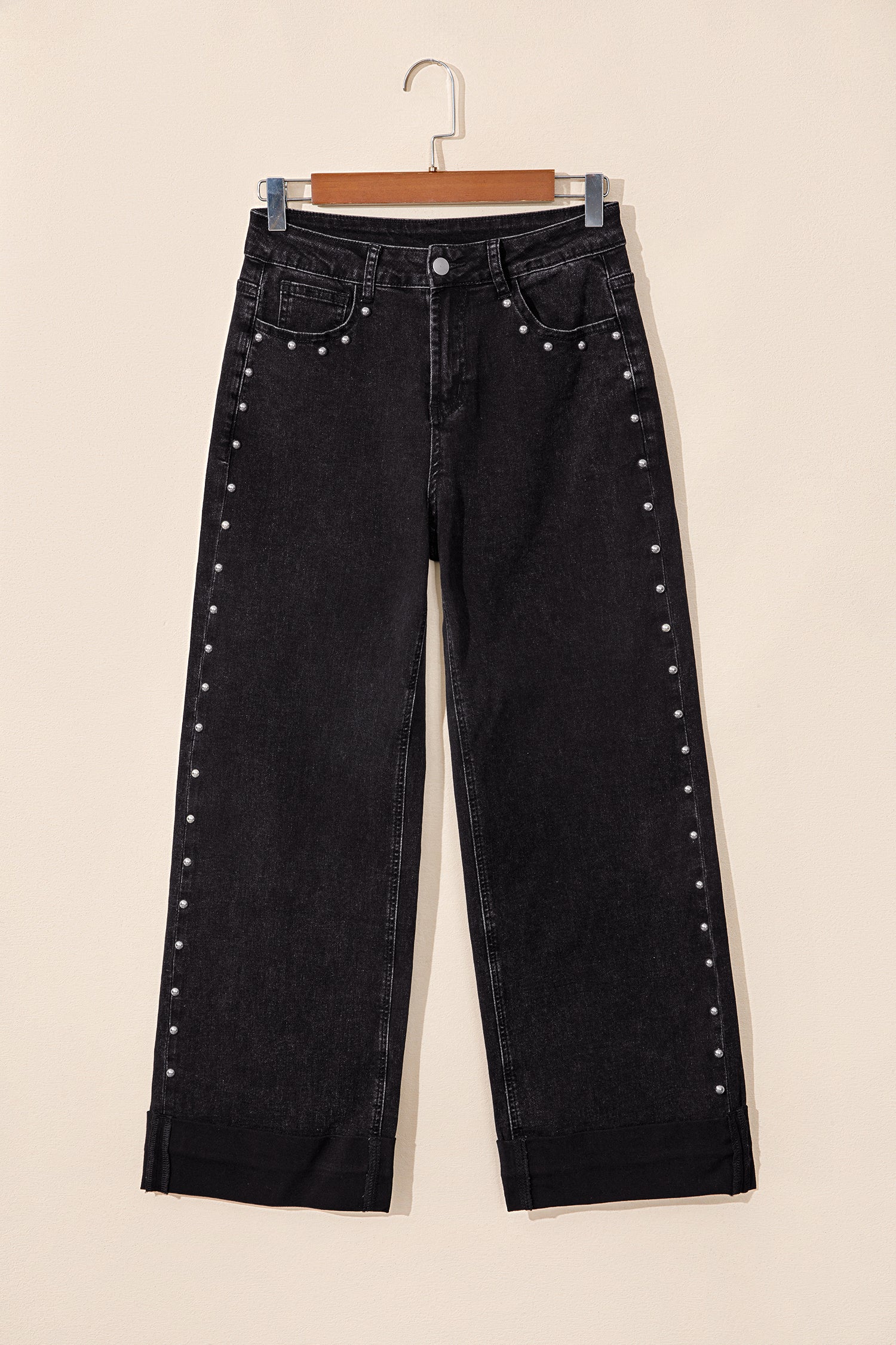 *Navy Blue Studded Detail Straight Leg Casual Loose Jeans