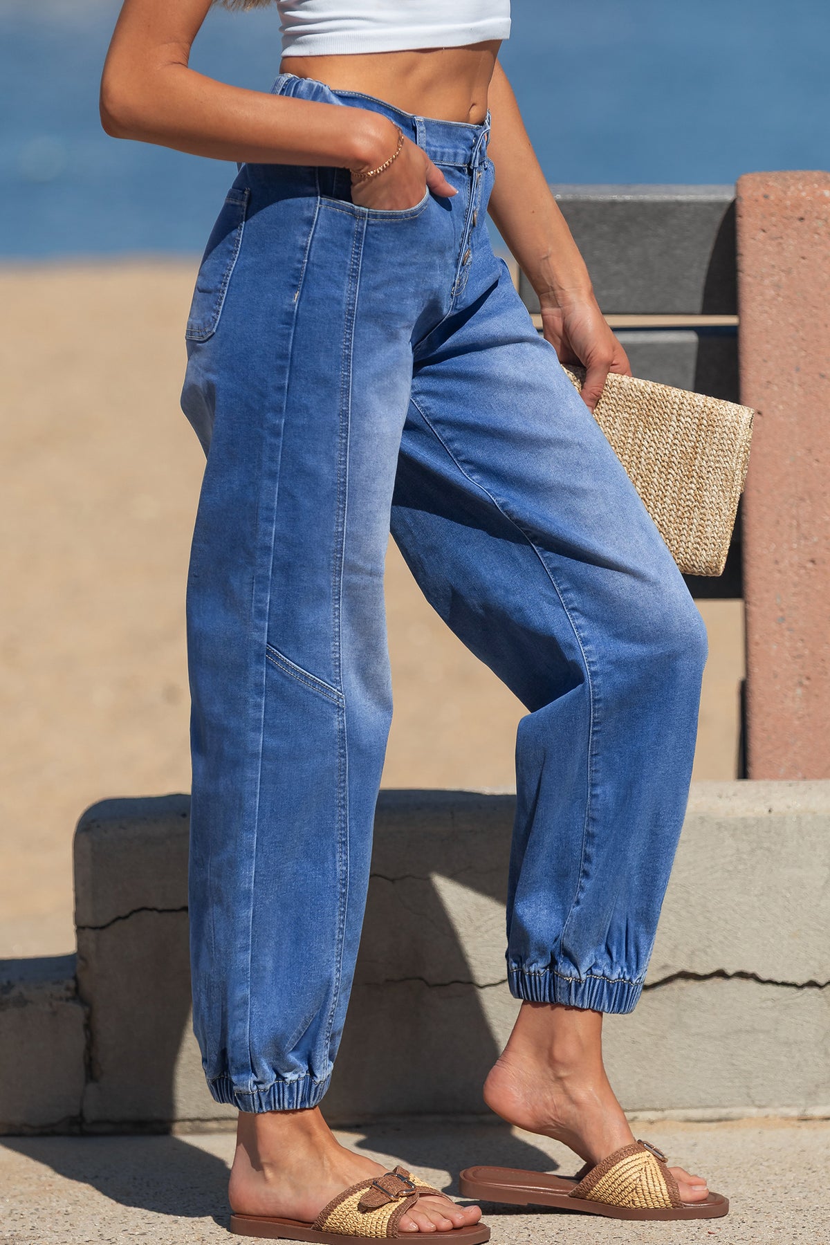 *Blue 4 Buttons Front Tapered Casual Loose Fit Jeans