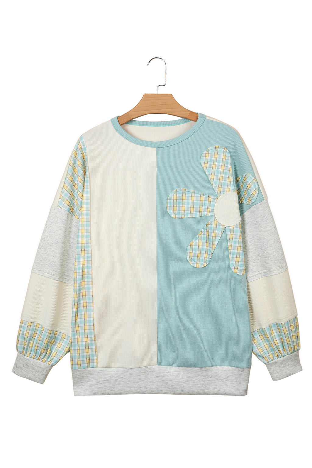 *Light Blue Plaid Patchwork Round Neck Long Sleeve Top