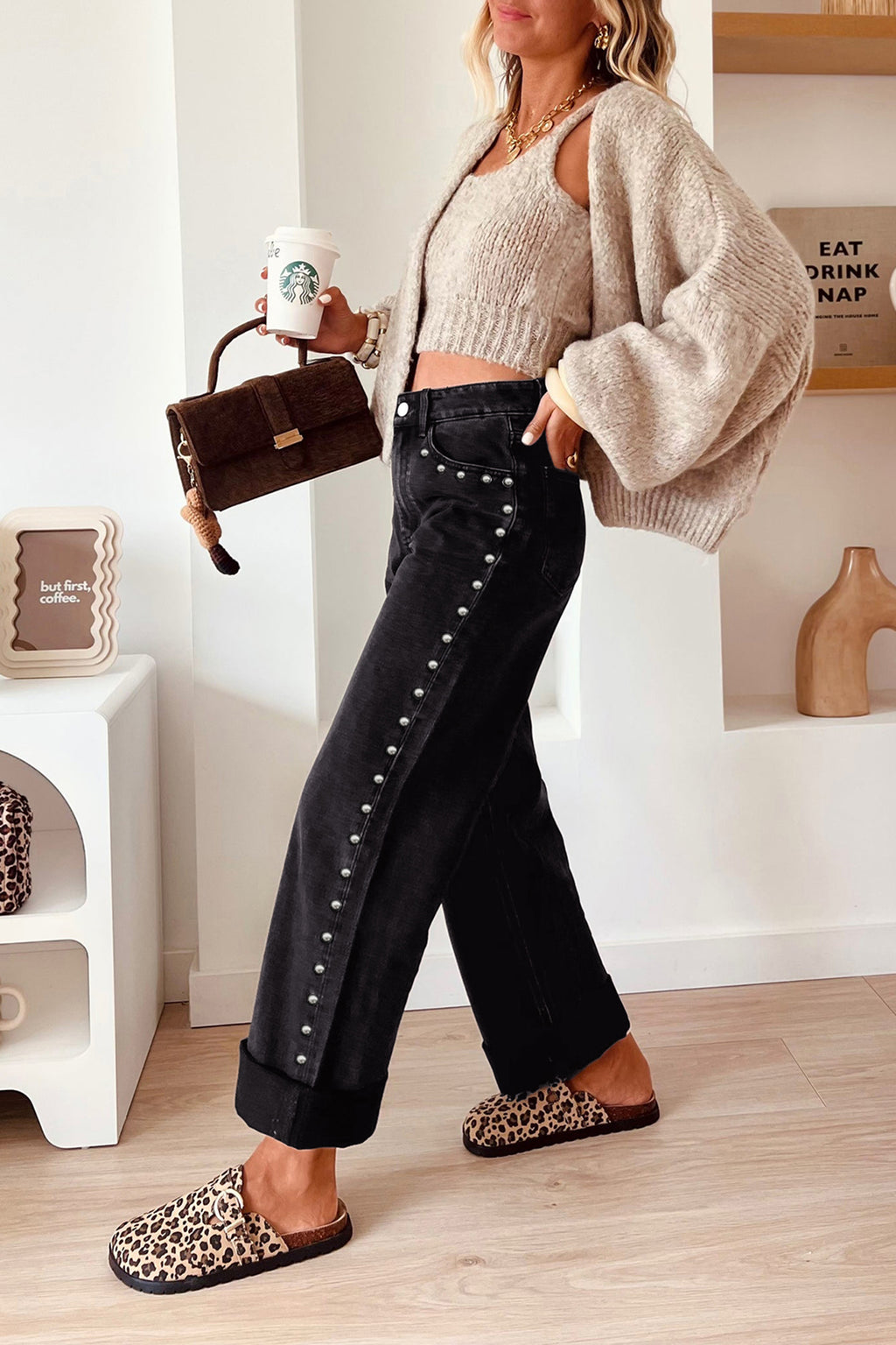 *Navy Blue Studded Detail Straight Leg Casual Loose Jeans