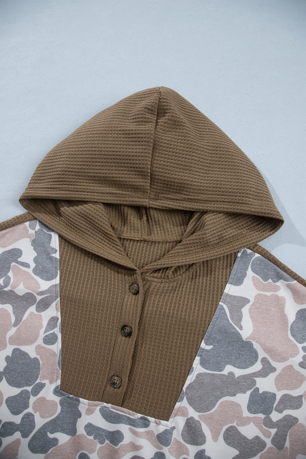 *Khaki Camouflage Print Waffle Knit Patchwork Half Zip Plus Size Hoodie