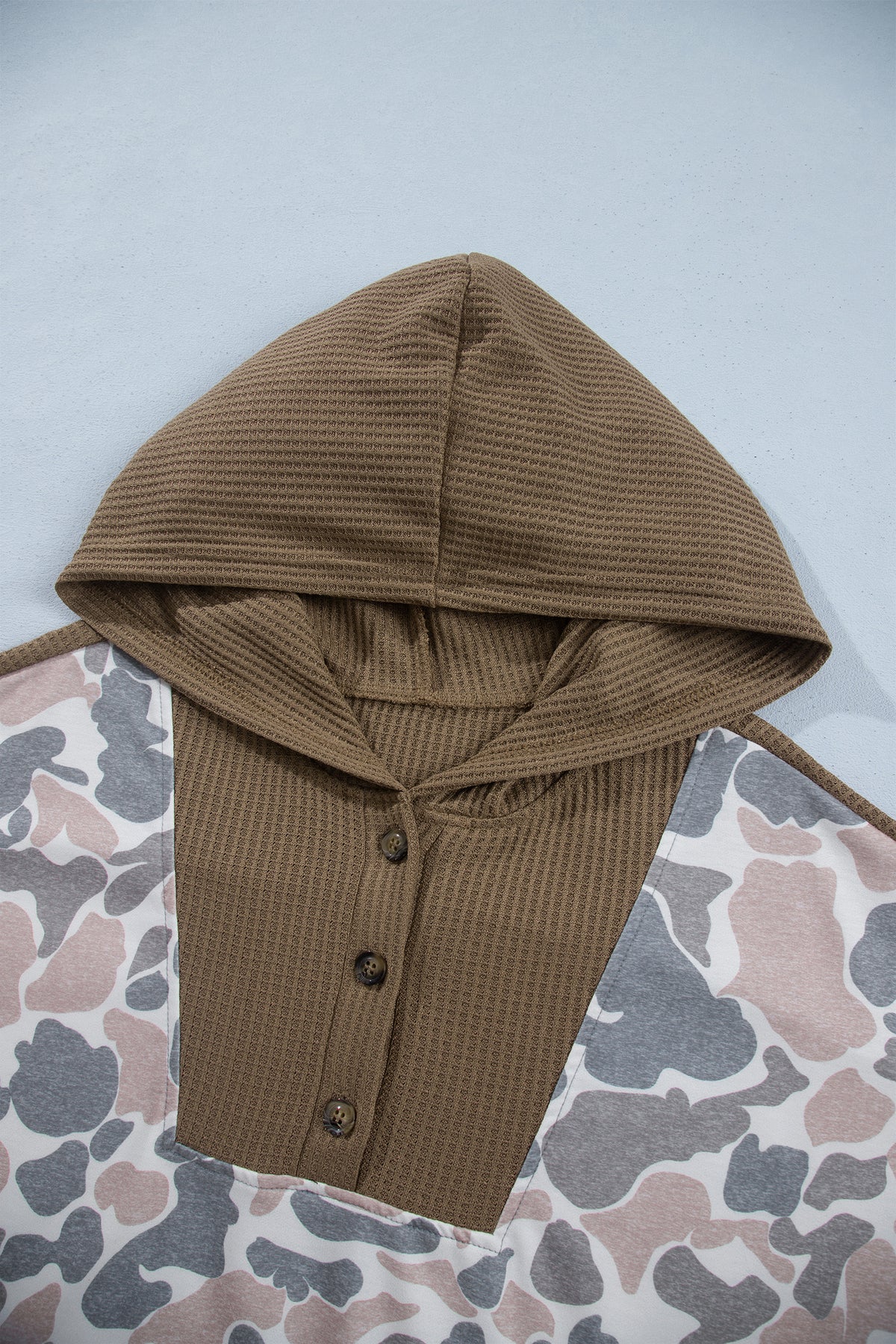*Khaki Camouflage Print Waffle Knit Patchwork Half Zip Plus Size Hoodie