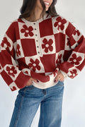 *Red Dahlia Flower Plaid Henley Baggy Sweater