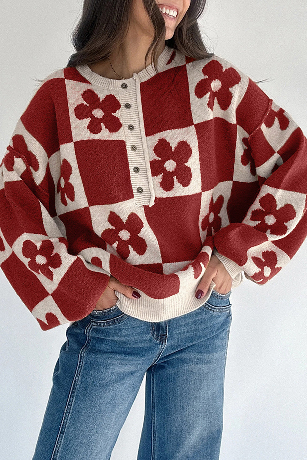 *Red Dahlia Flower Plaid Henley Baggy Sweater