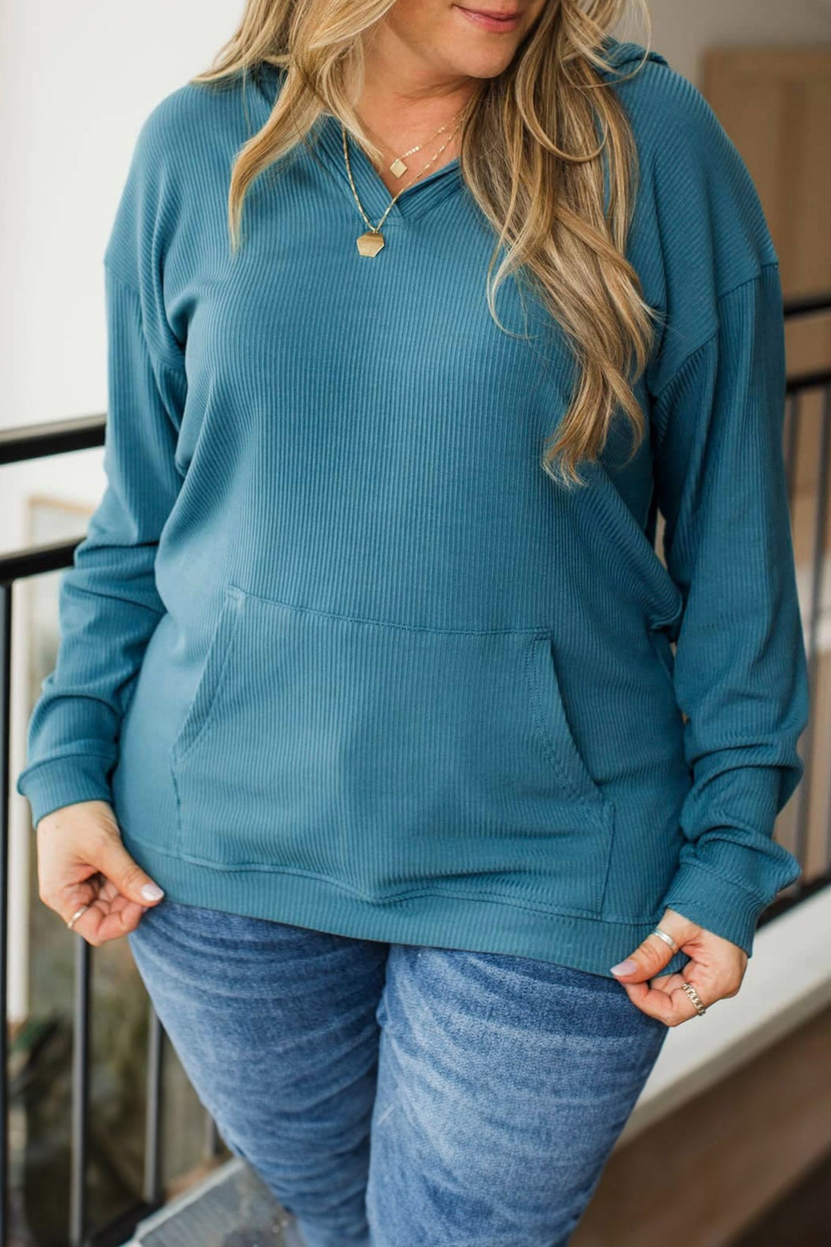 *Lapis Ribbed Drop Shoulder Long Sleeve Plus Size Blouse