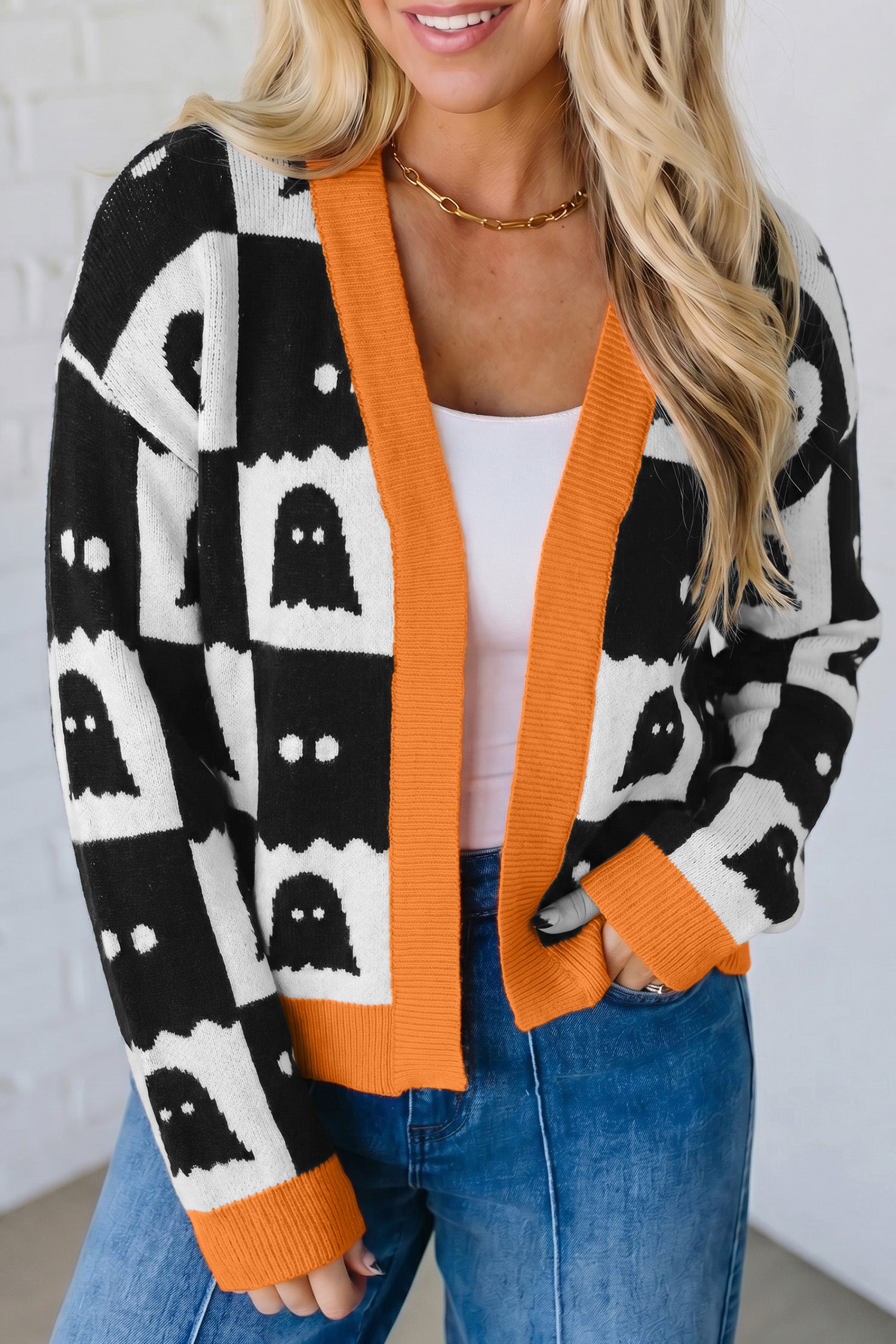 *Black Geometric Ghost Print Drop Shoulder Knit Cardigan