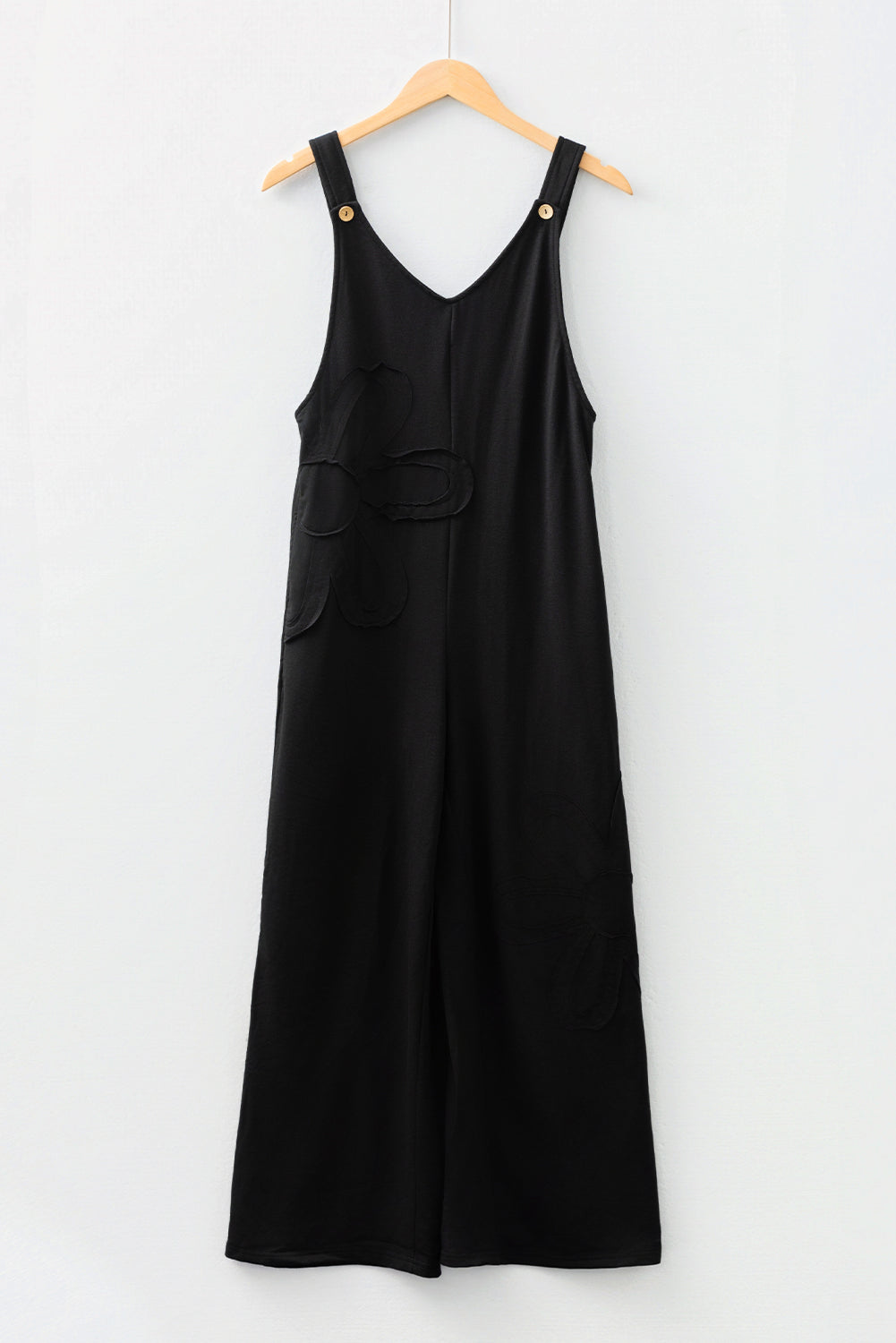 *Black Solid Color Raw Seam Big Flower Patched Loose Overall Jumpsuit