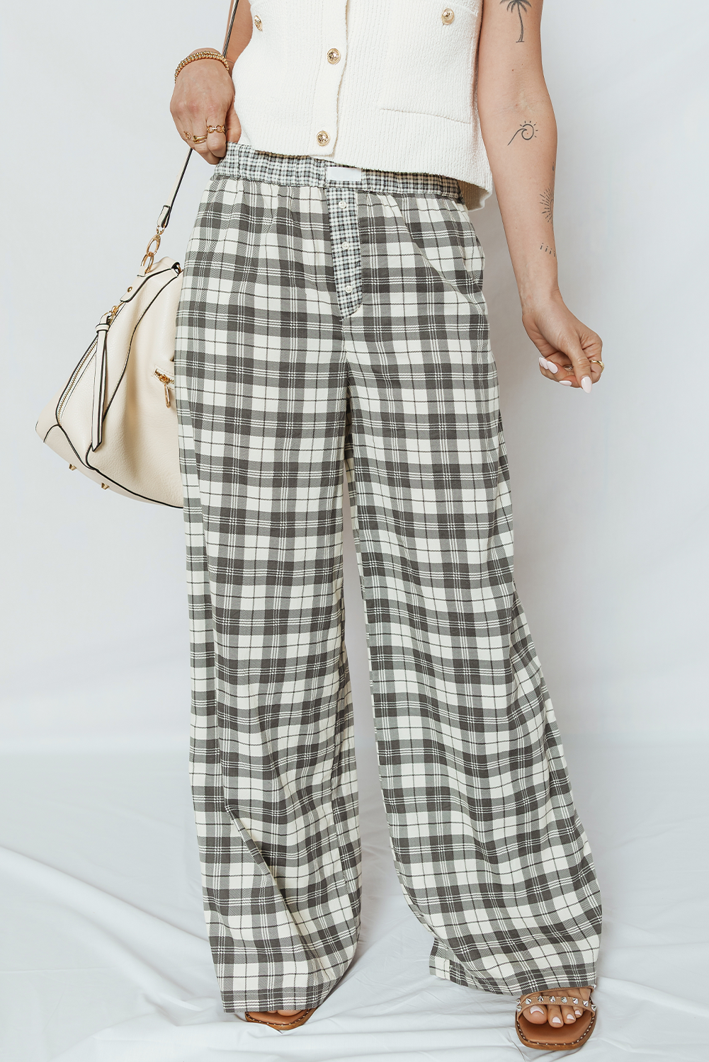 *Gray Plaid Wide Leg Casual Pants
