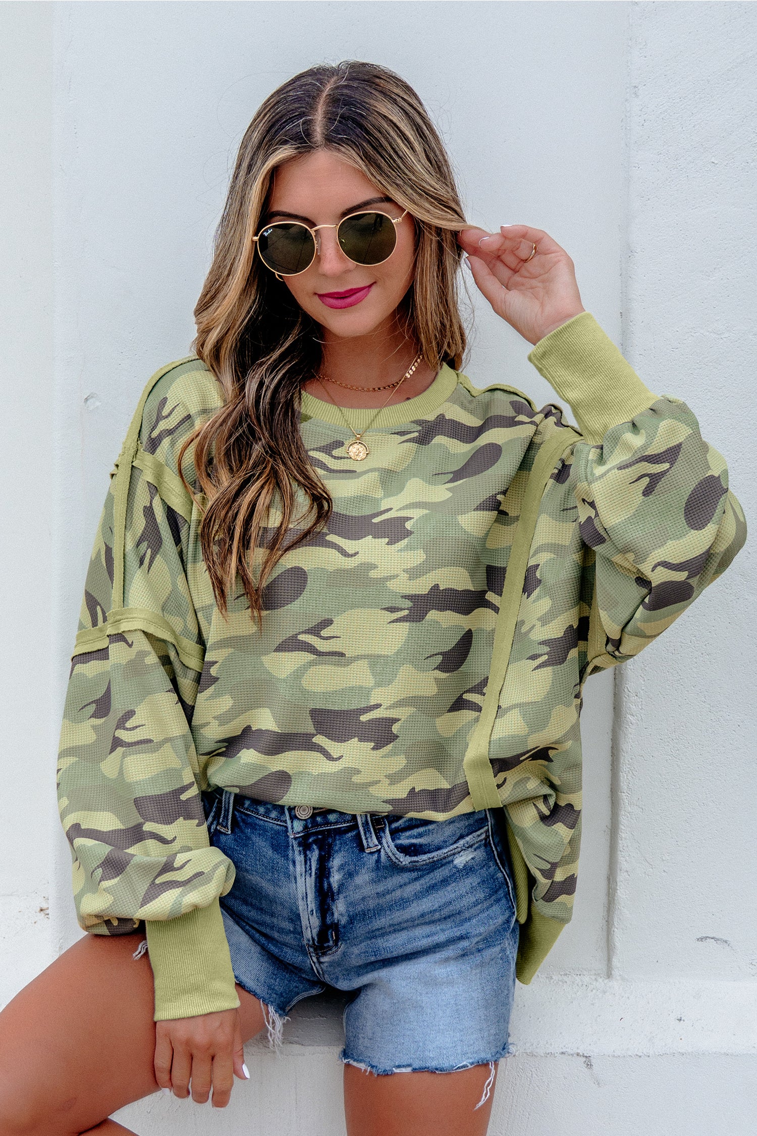 *Green Camouflage Waffle Knit Raw Edge Contrast Trim Oversized Long Sleeve Top