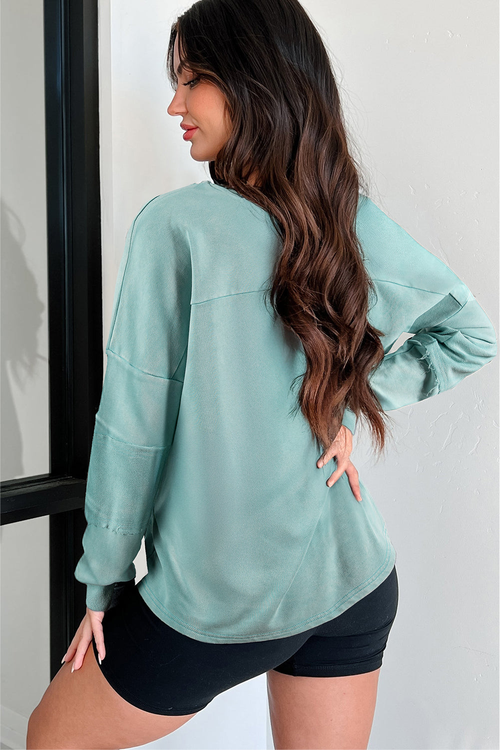 *Mist Blue Mineral Wash Exposed Seam Buttoned V Neck Pullover Top