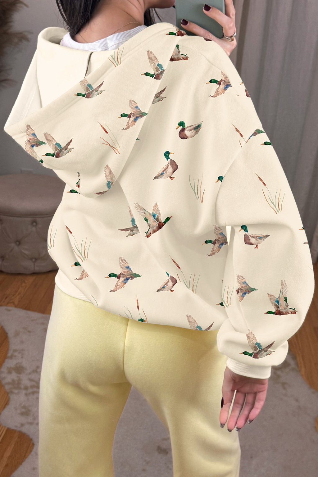 *Beige Cozy Duck Print Zip-Up Hoodie