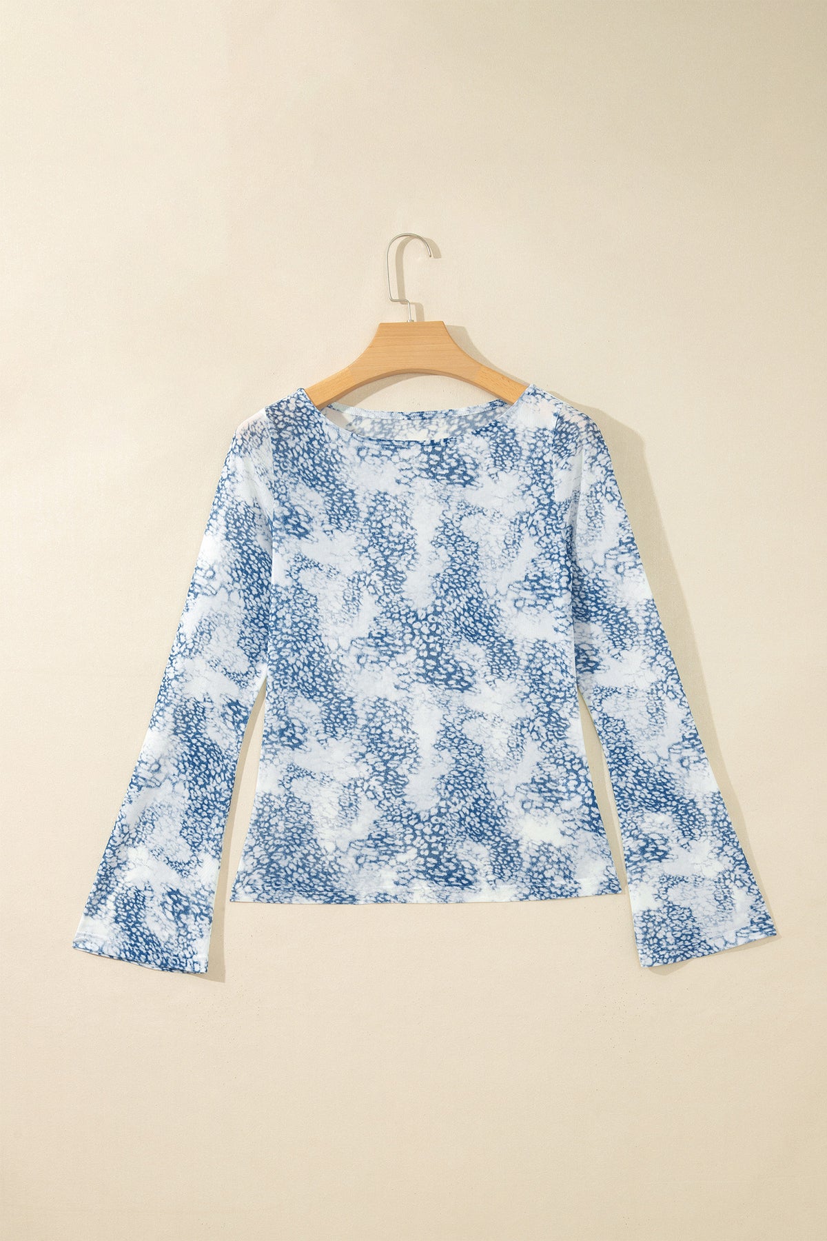 *Sky Blue Long Sleeve Leopard Print Round Neck Sheath Top