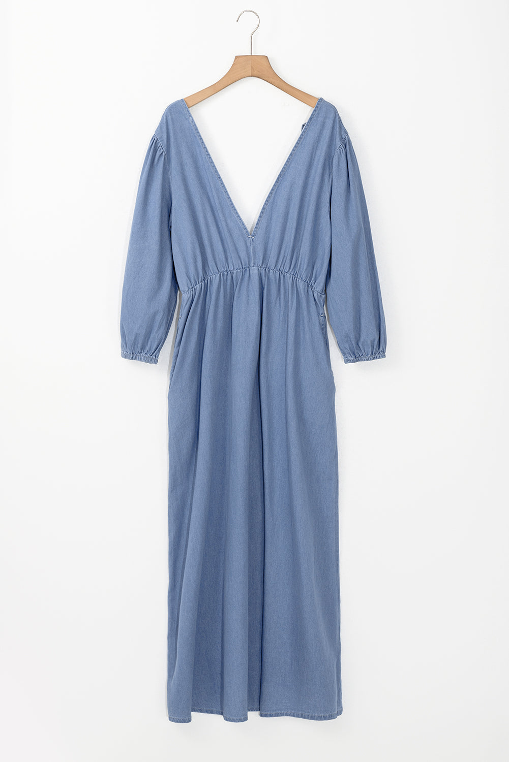 *Myosotis Chambray Deep V Neck Bracelet Sleeve Maxi Dress