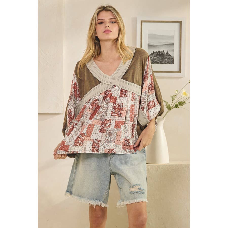 WASHED RIB CROSSED PATCHWORK TOP