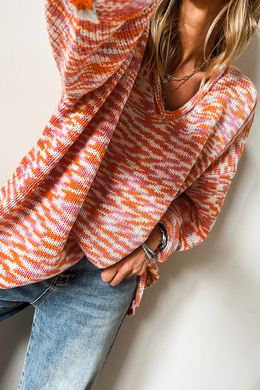 *Orange Vibrant Abstract Print Drop Shoulder V Neck Tunic Oversized Sweater