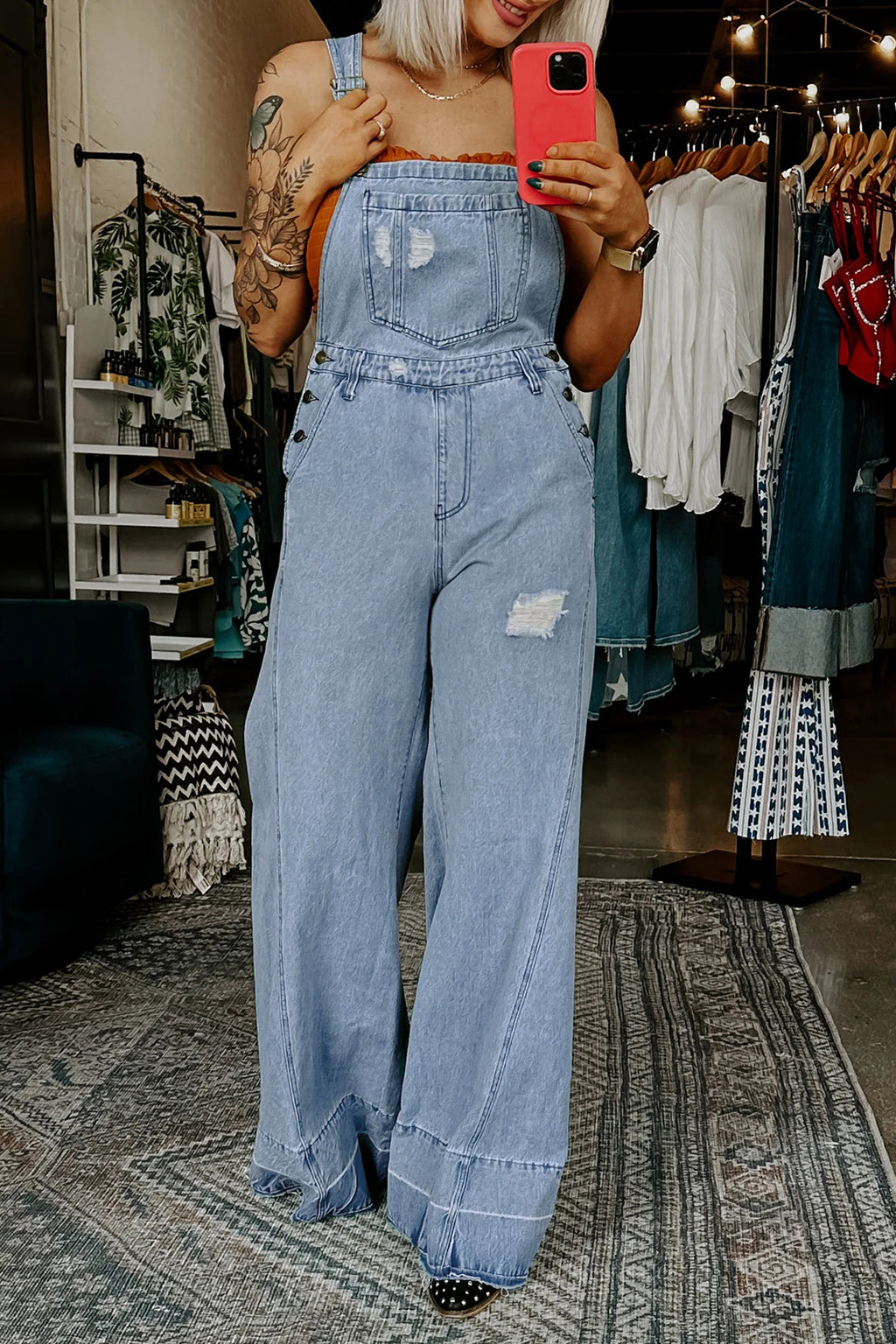 *Mist Blue Retro Distressed Button Adjustable Straps Denim Overall Jumpsuit