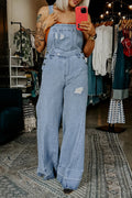 *Mist Blue Retro Distressed Button Adjustable Straps Denim Overall Jumpsuit