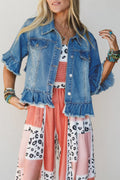 *Blue Ruffle Hem Raw Edge Half Sleeve Western Denim Jacket