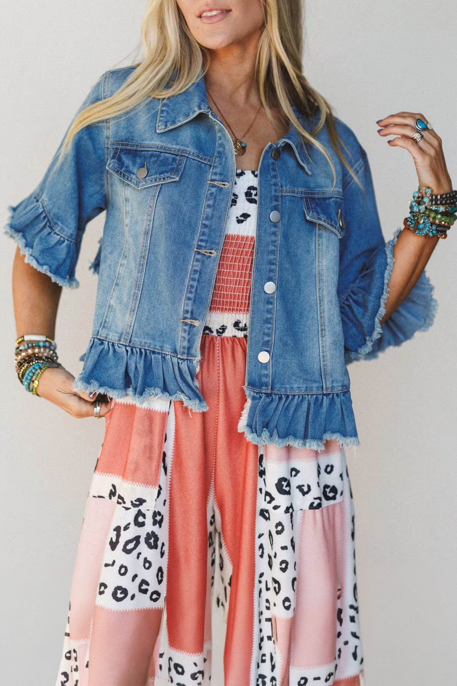 *Blue Ruffle Hem Raw Edge Half Sleeve Western Denim Jacket