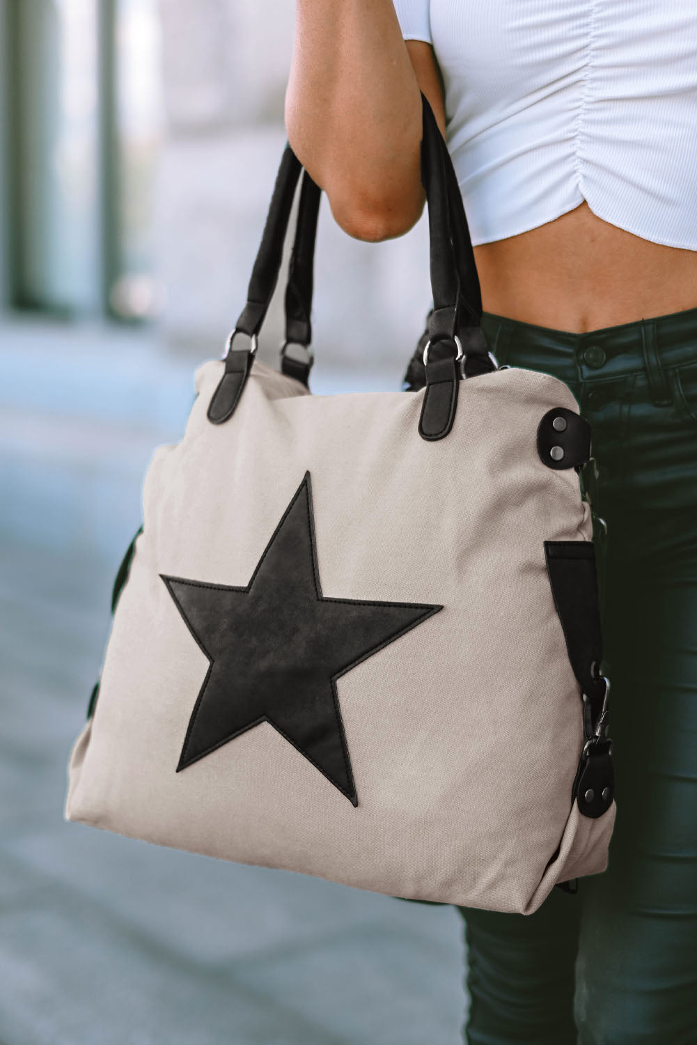 *Beige Casual Five-pointed Star Canvas Tote Bag