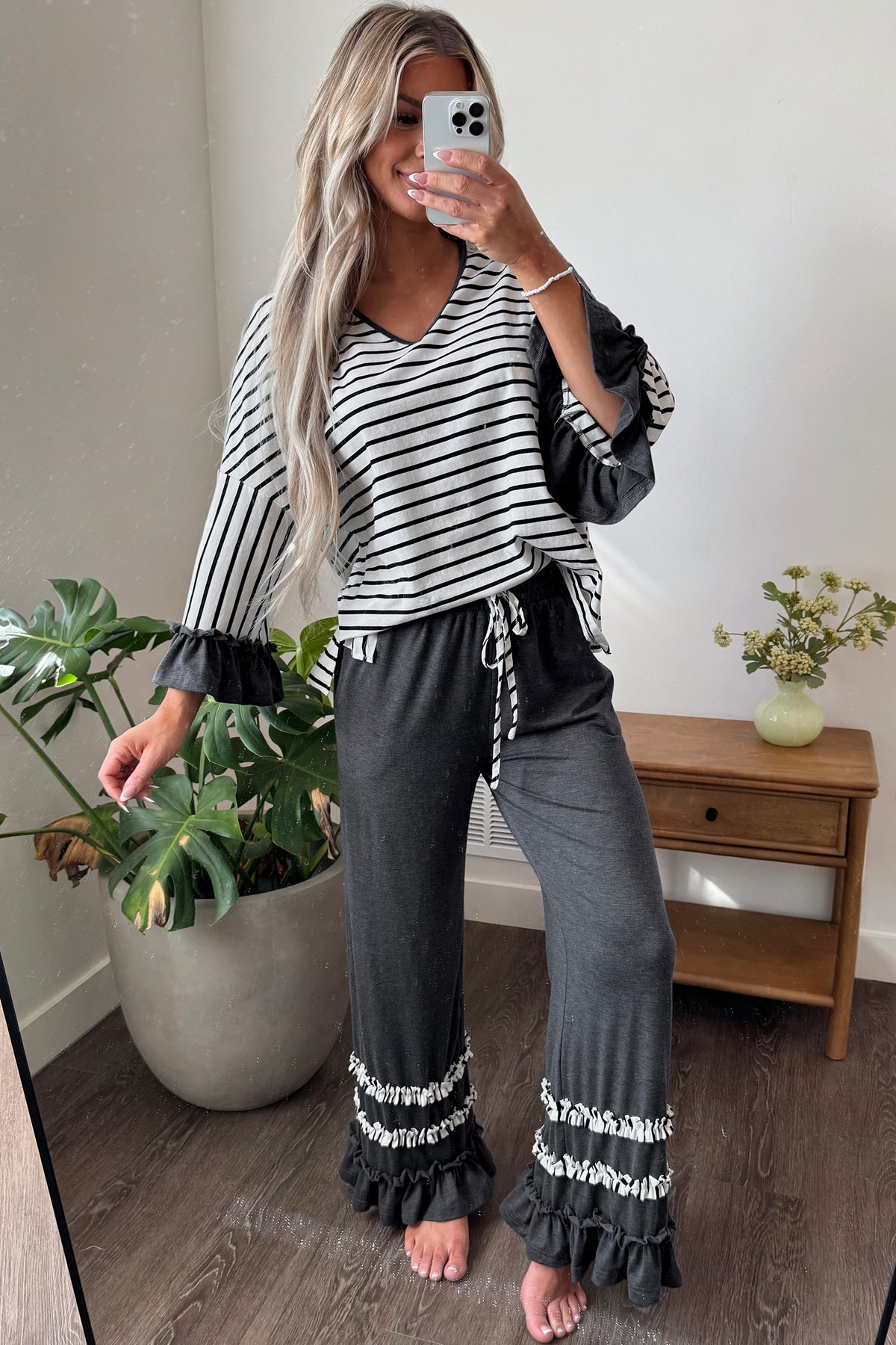 *2 colors Khaki/Gray Stripe V Neck Ruffle Contrast Sleeve Top Drawstring Pants 2pcs Set