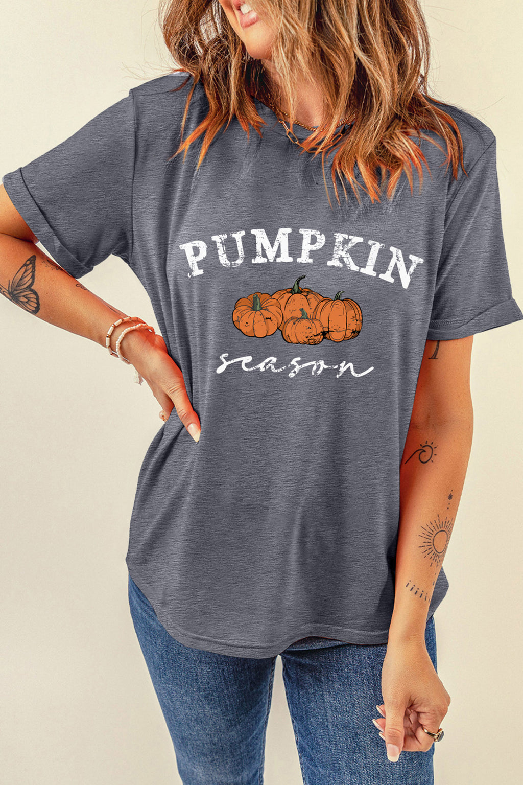 *Gray Pumpkin Season Graphic Round Neck Short Sleeve T-Shirt