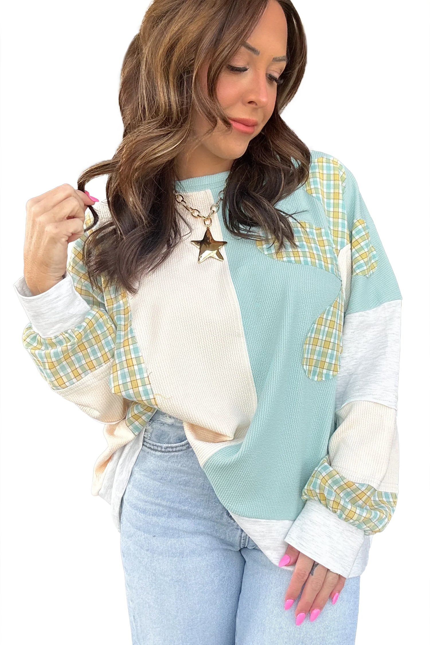 *Light Blue Plaid Patchwork Round Neck Long Sleeve Top