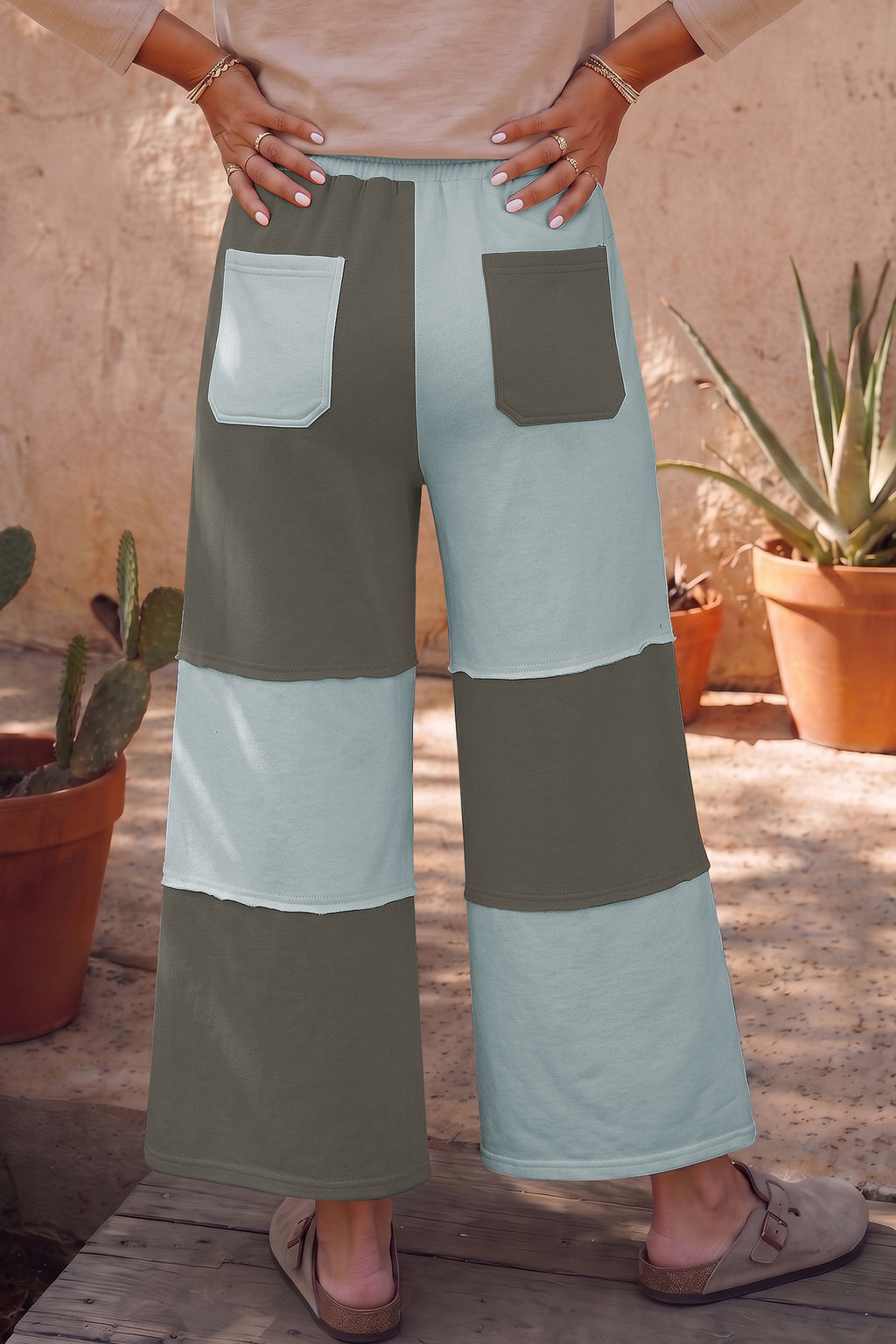 *Beau Blue Raw Seam Colorblock Wide Leg Ankle Length Casual Pants