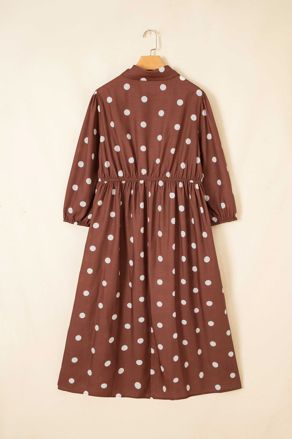 *Brown Polka Dot V Neck Abdomen Pocket Gathered Cuffs Long Sleeve Shift Plus Size Dress