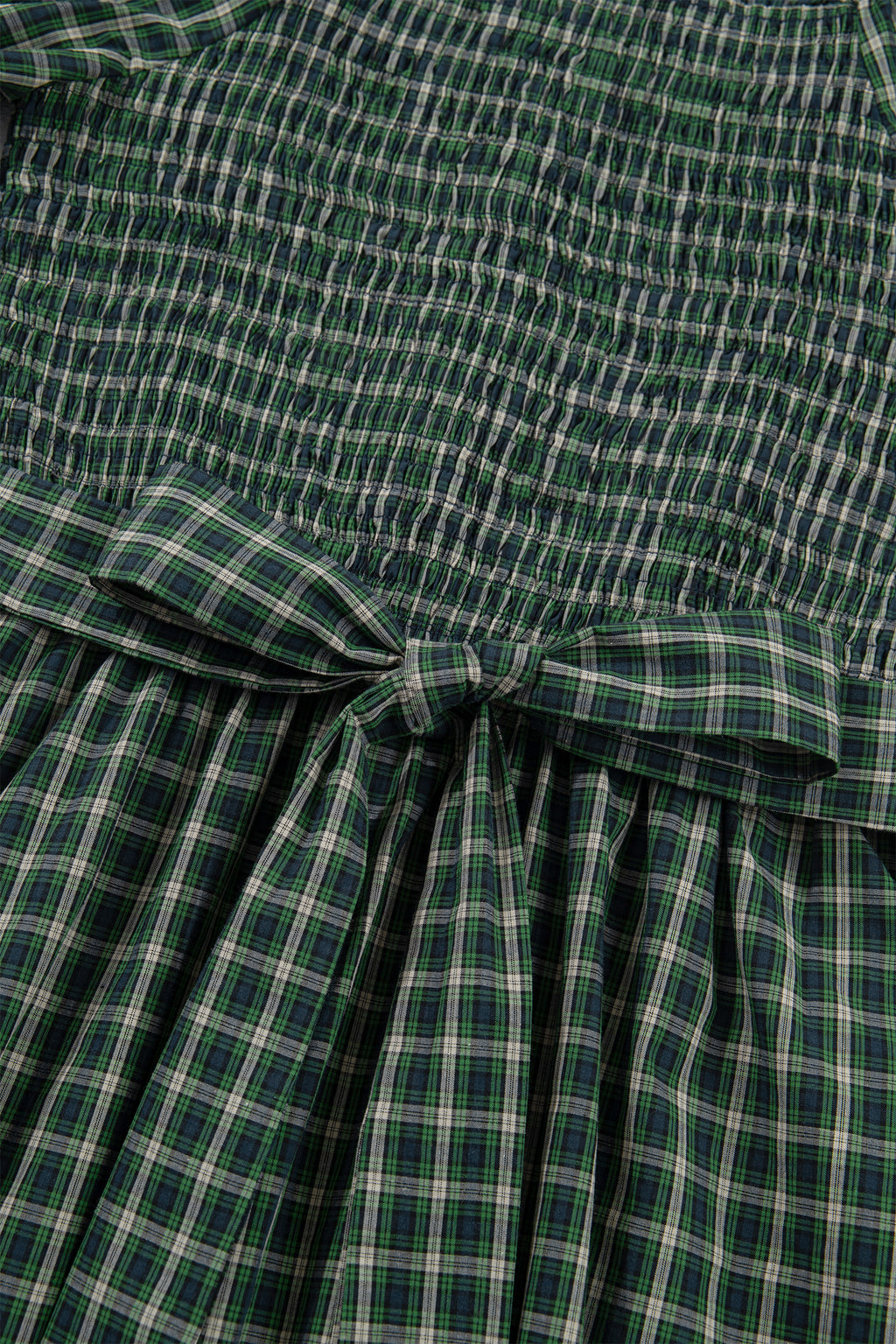 *Green Plaid Square Neck Shirred High Waist Ruffle Hem Dress