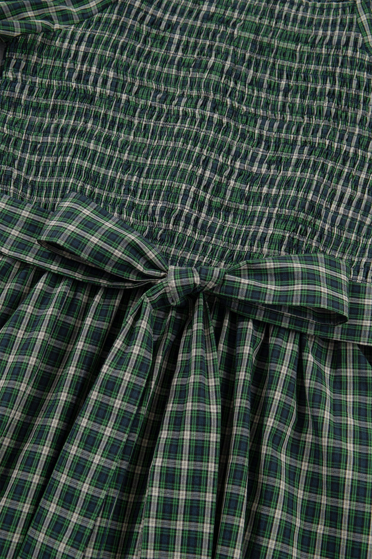 *Green Plaid Square Neck Shirred High Waist Ruffle Hem Dress