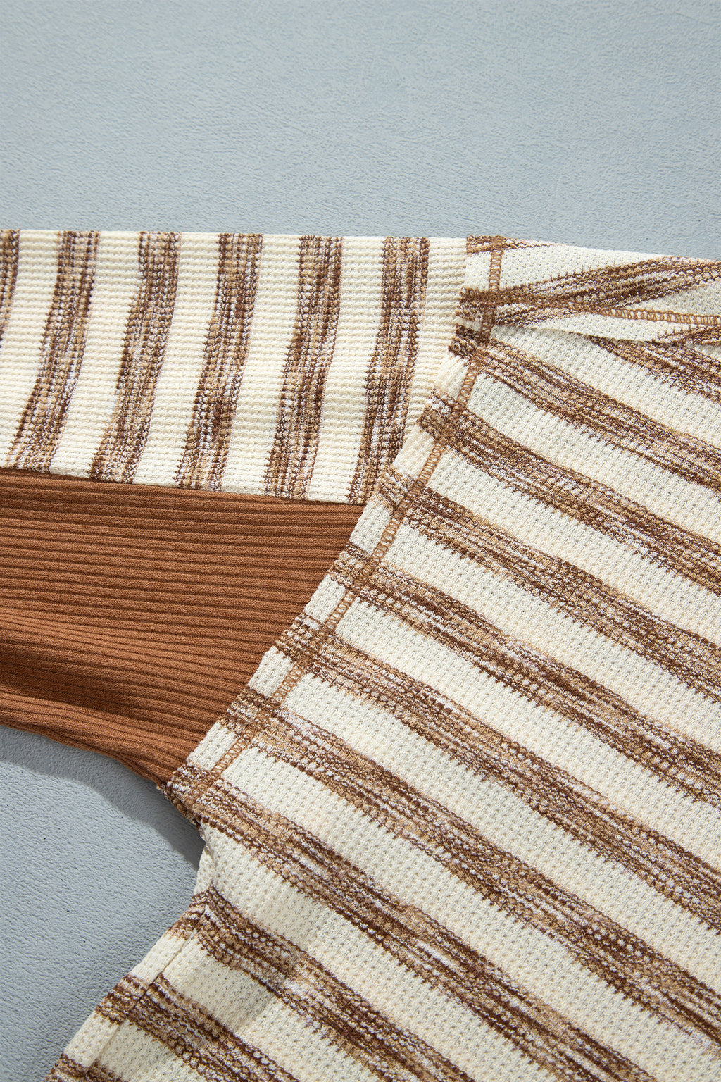 *Brown Stripe Textured Knit Color Block Trim Long Sleeve Round Neck Top