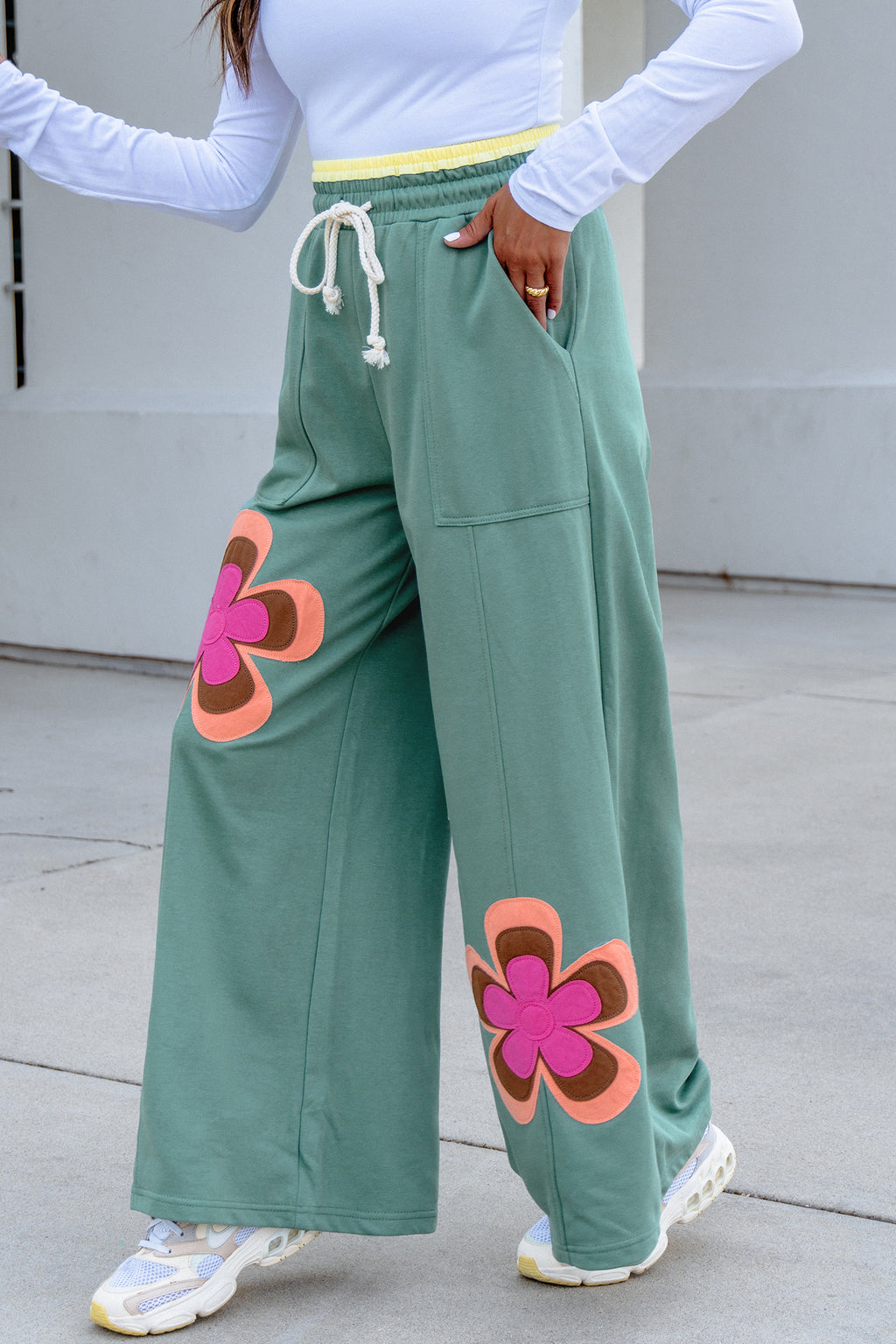 *Sea Green Color Block Flower Patchwork Drawstring Contrasted Elastic Waist Wide Leg Pants