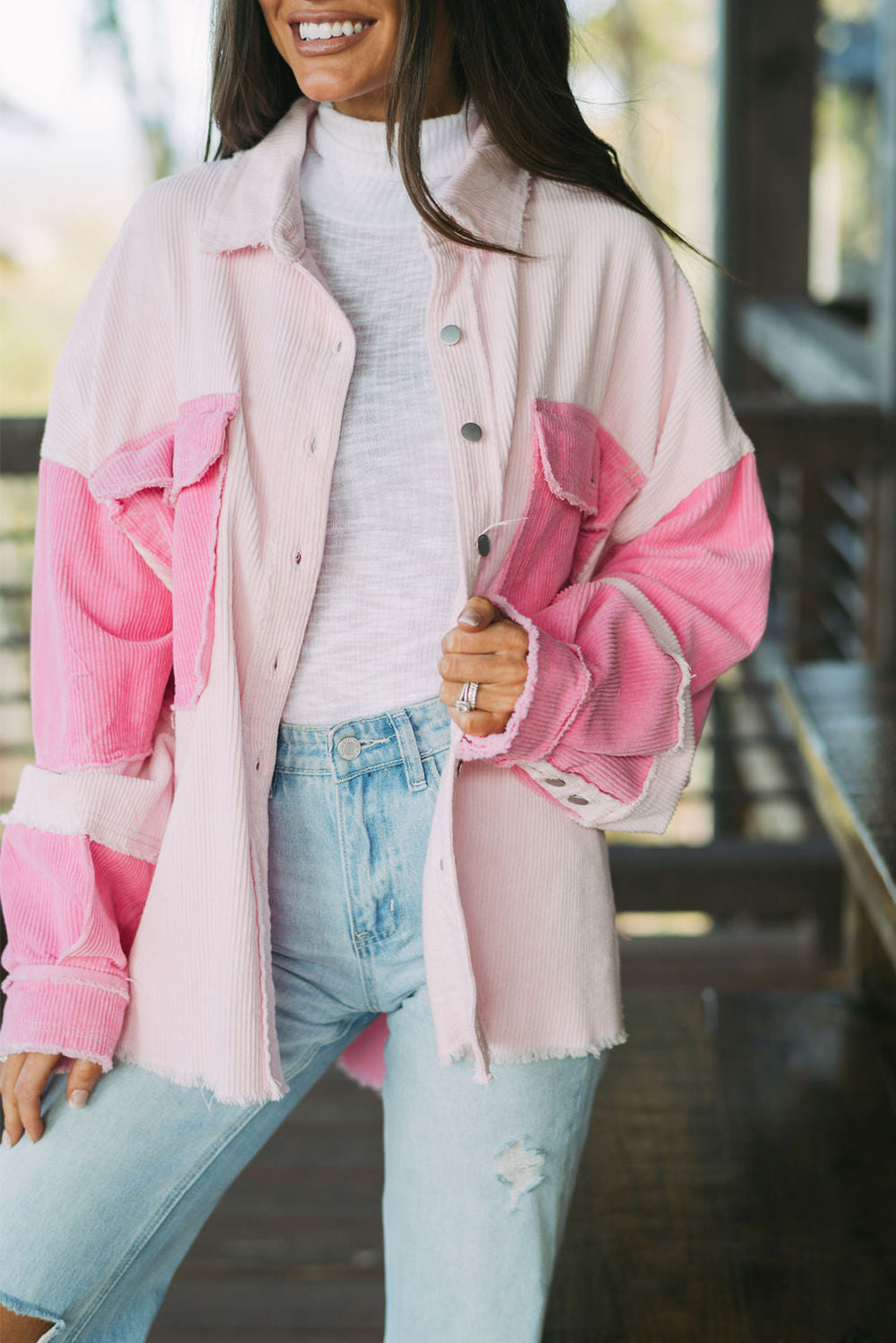 *Delicacy Two-tone Color Exposed Seam Corduroy Shacket