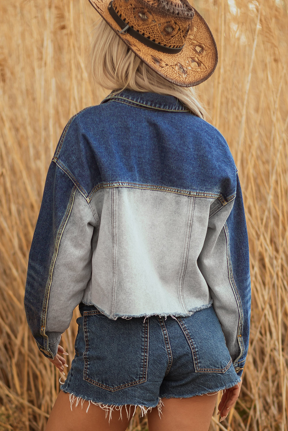 *Dusk Blue Color Block Patchwork Flap Detail Distress Denim Jacket