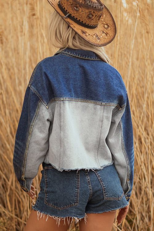 *Dusk Blue Color Block Patchwork Flap Detail Distress Denim Jacket