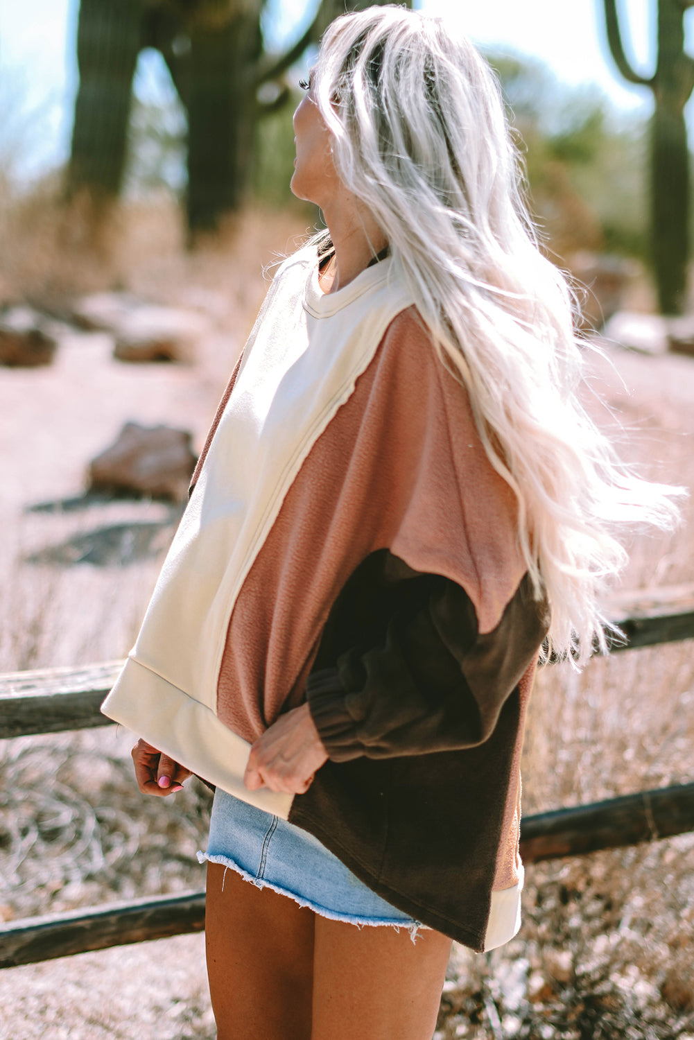 *Beige Oversized Color Block Patchwork High Low Hoodie