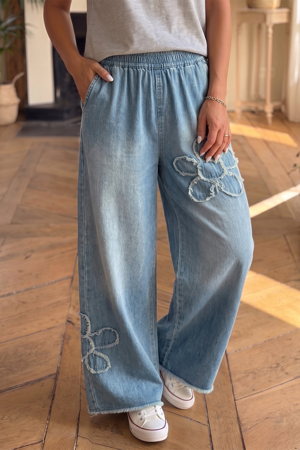 *Beau Blue Frayed Floral Patch Wide Leg Raw Hem Wide Leg Jeans