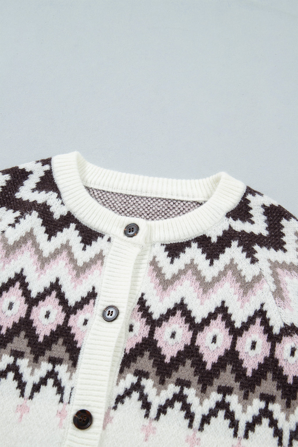 *White Geometric Pattern Brushed Knit Button Cardigan