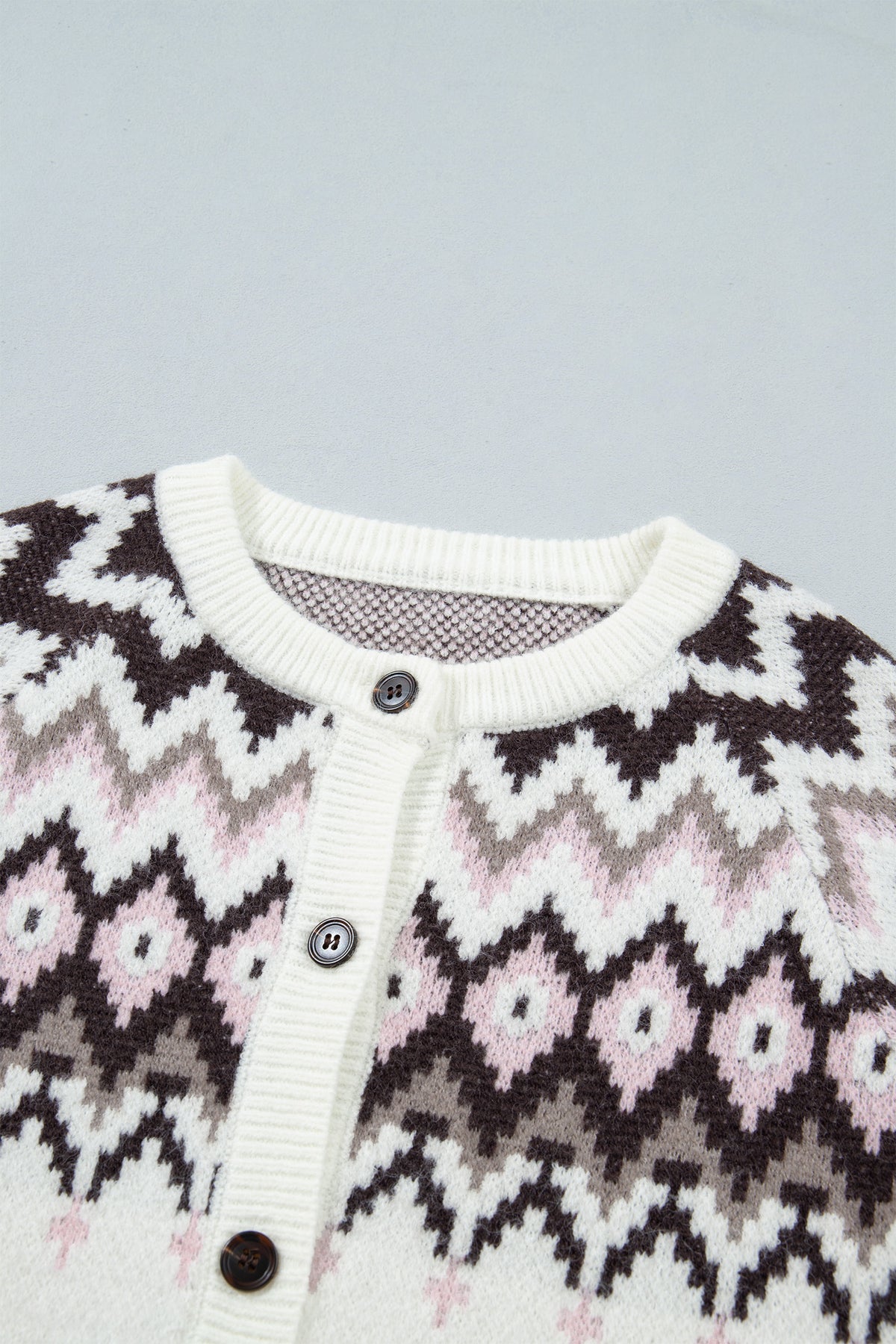 *White Geometric Pattern Brushed Knit Button Cardigan