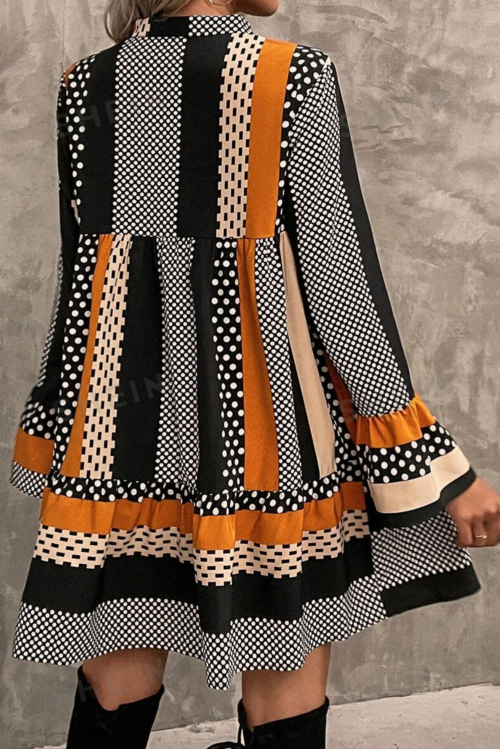 *Black Striped Polka Dot Print Ruffled Hem V Neck Mini Dress