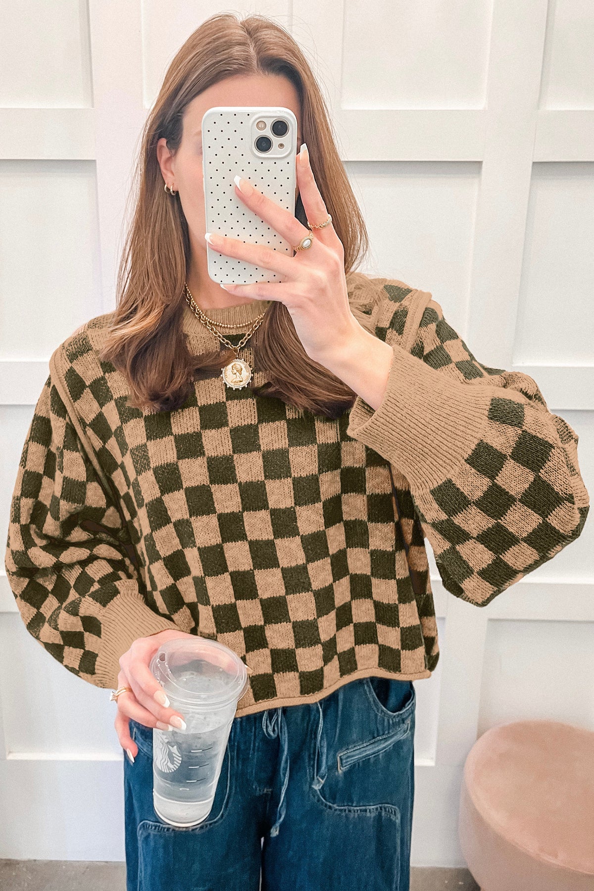 *Multicolour Drop Shoulder Plaid Knit Long Sleeve Sweater