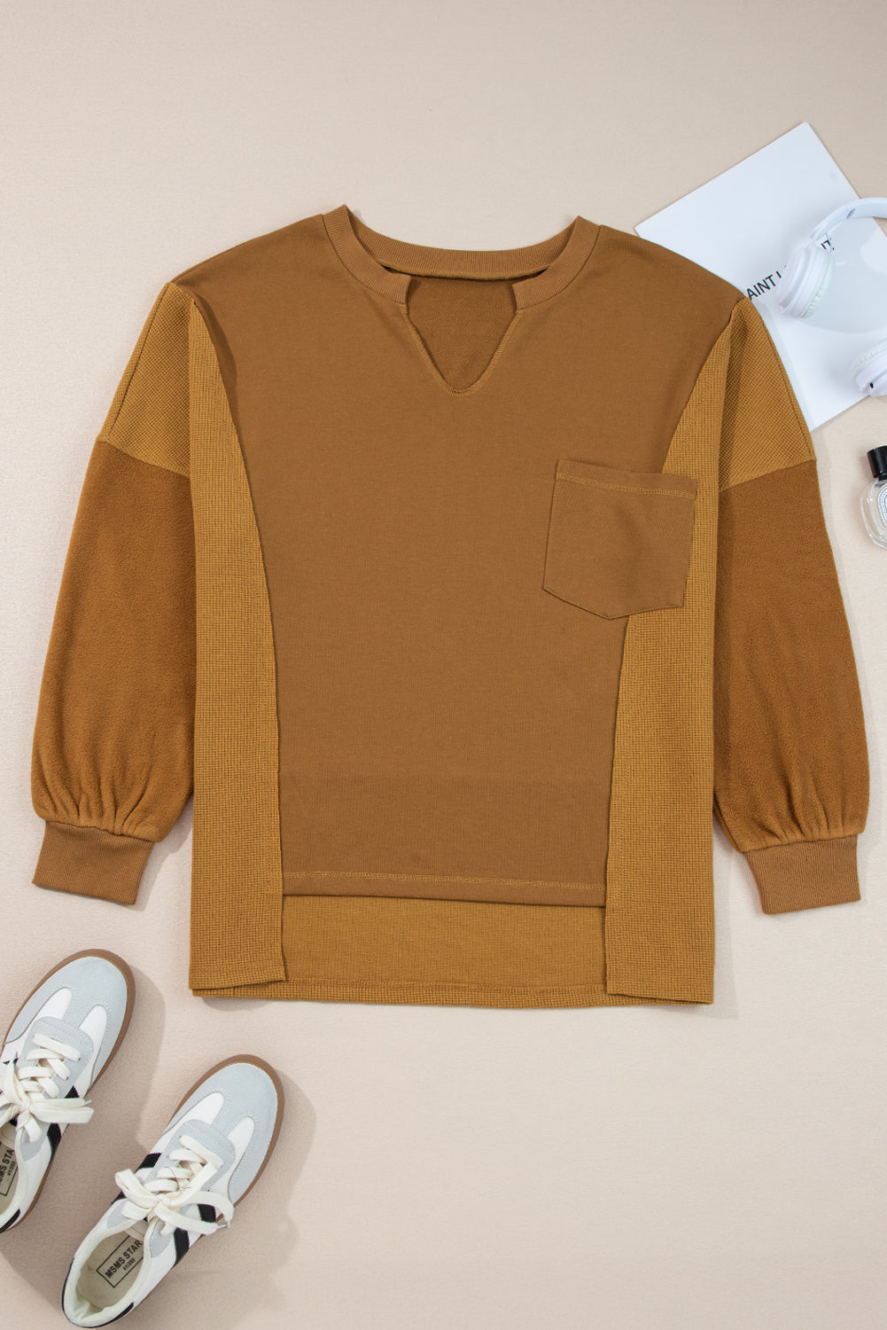 *Multicolor Oversized Mixed Textured Split Neck High Low Patchwork Sweatshirt