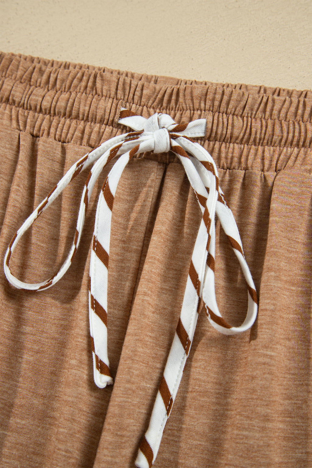 *2 colors Khaki/Gray Stripe V Neck Ruffle Contrast Sleeve Top Drawstring Pants 2pcs Set
