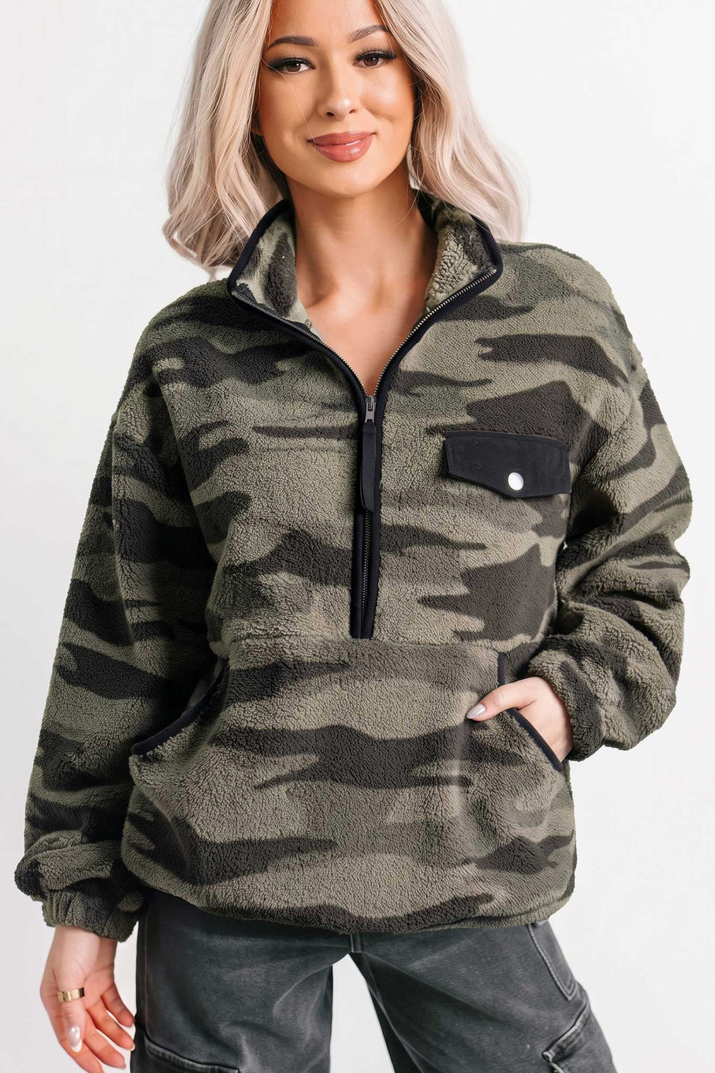 *Multicolour Camouflage Fleece Half Zip-Up Long Sleeve Pocket Sweatshirt