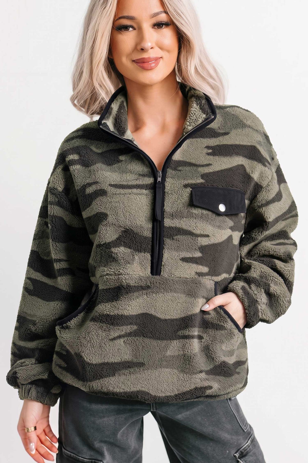 *Multicolour Camouflage Fleece Half Zip-Up Long Sleeve Pocket Sweatshirt