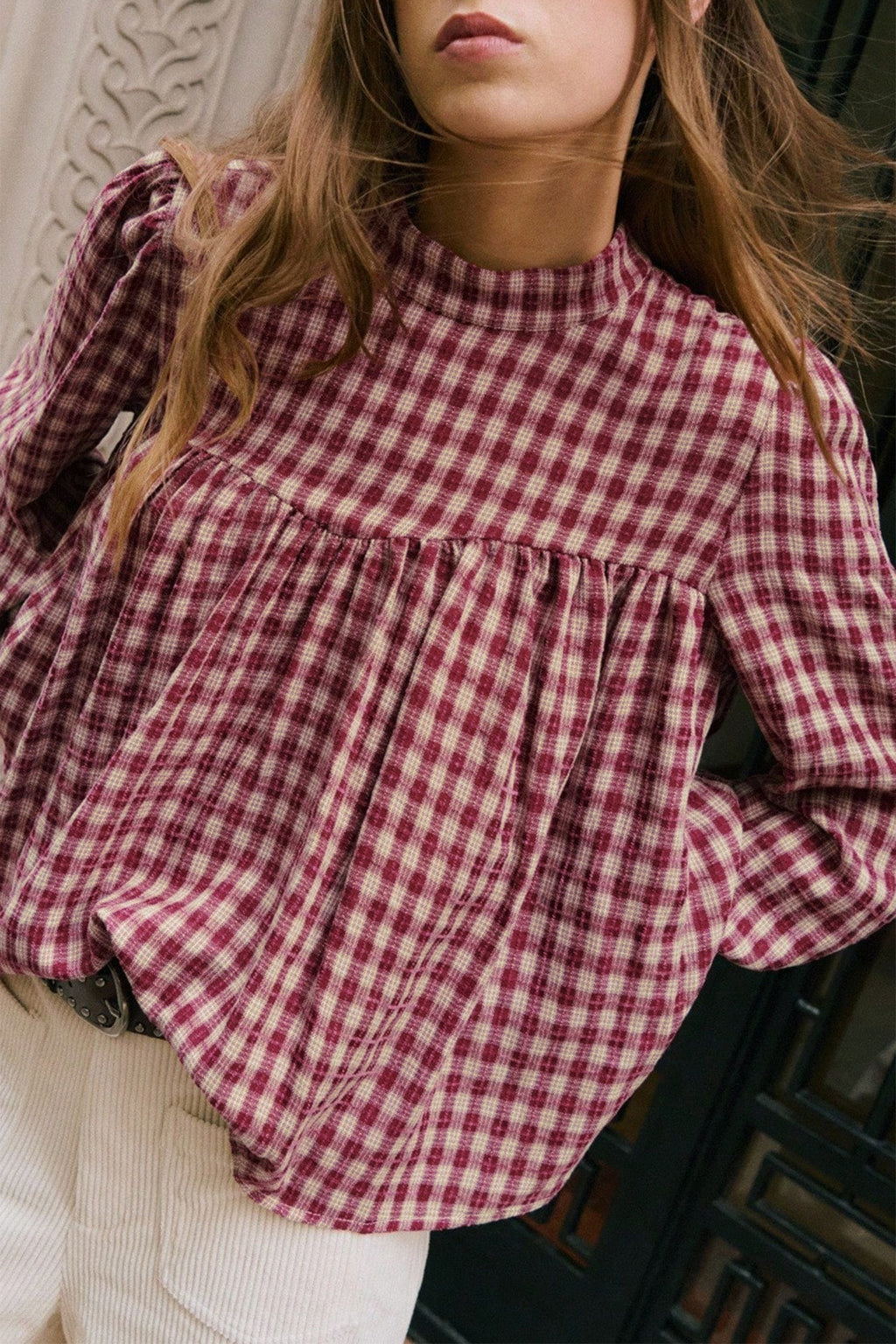 *Coral Country Plaid Long Sleeve Button Keyhole Pleated Loose Blouse