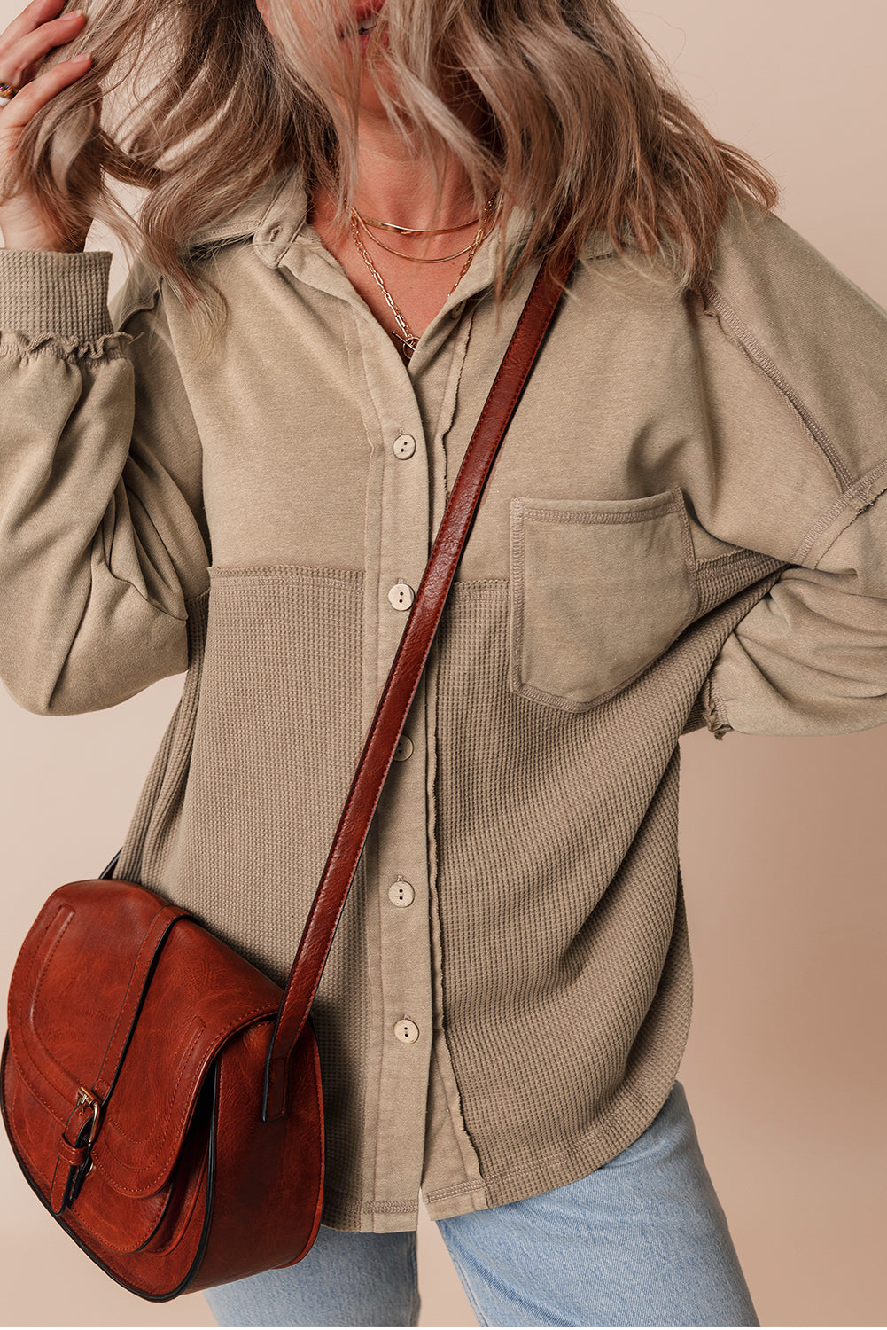 *Goat Mineral Wash Textured Patchwork Loose Fit Shacket